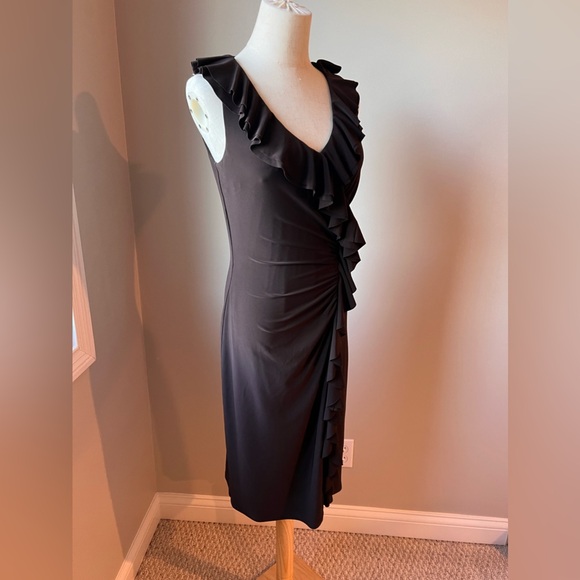 Lauren Ralph Lauren Brown Ruffles Stretch Midi Dress 4 - Picture 3 of 5